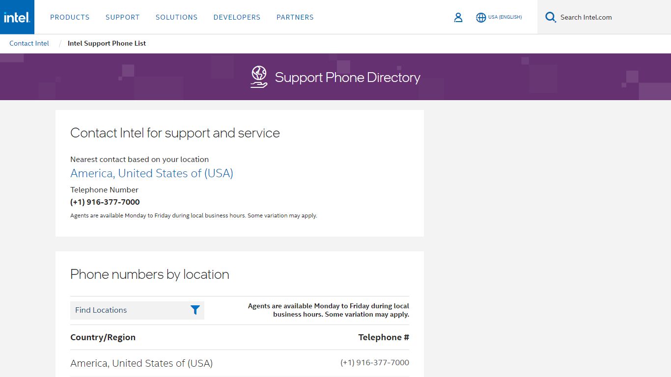 Intel Support Phone List